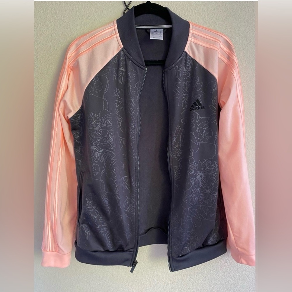 Adidas Floral Embossed Print Full-Zip Climalite Track Jacket Size 4-6